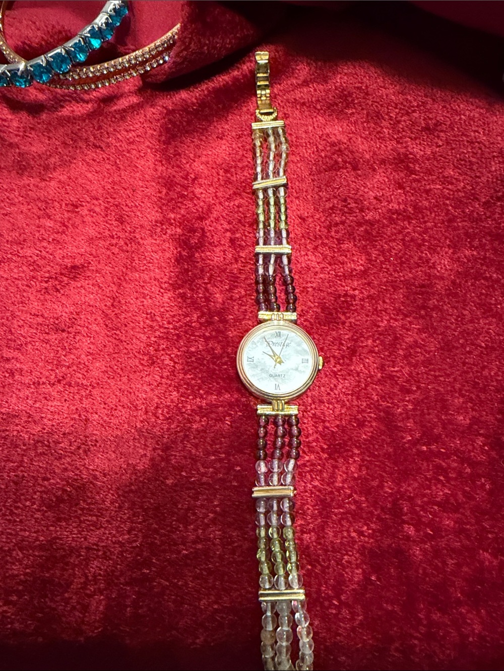 Prestige vintage genuine gemstones Watch;mother of pearl face great condition7”